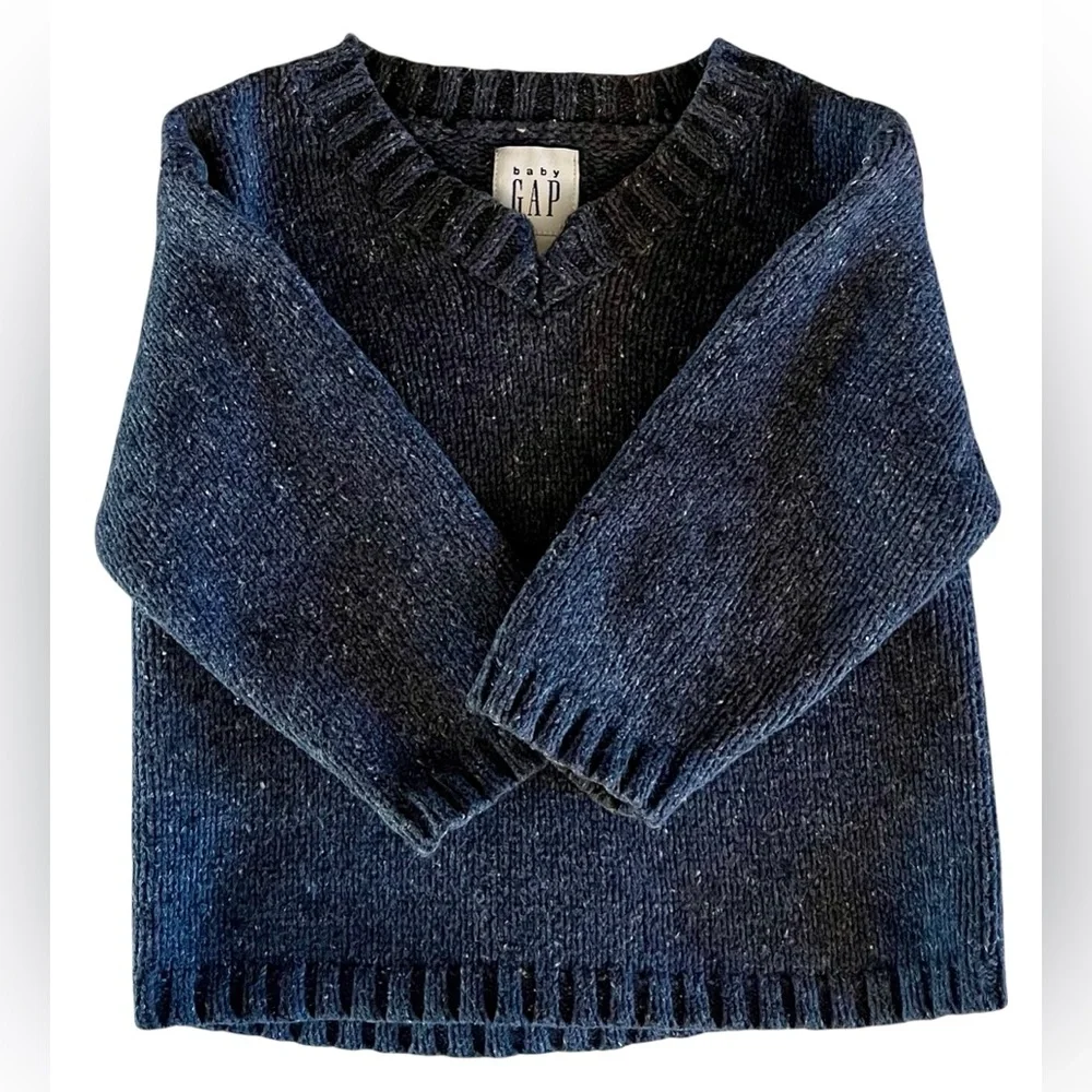Vintage Baby GAP Infants Marled Navy Blue V Neck Sweater